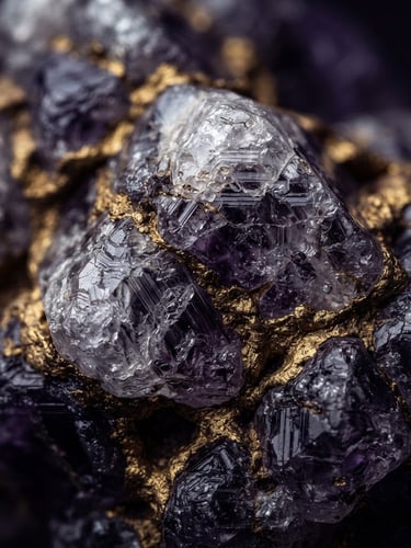 Macro close-up of raw diamond crystal structure with matte gold veins, dramatic chiaroscuro lighting, deep violet shadows, fine art editorial photography