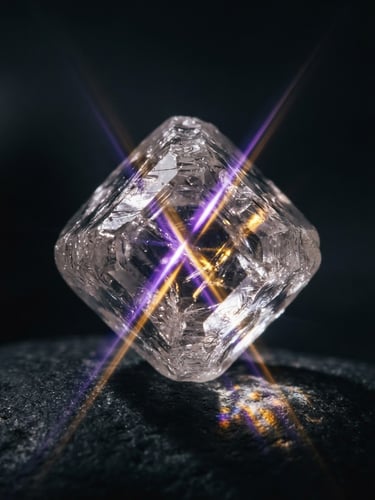 Close-up of a flawless raw diamond crystal reflecting sharp shafts of violet and gold light, dramatic chiaroscuro, fine art editorial photography, 35mm