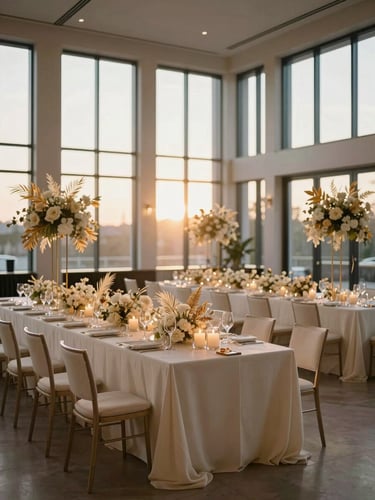 Wide environmental view of an empty reception hall before the event — long tables dressed in ivory linen, tall botanical floral installations in cream and gold tones, candlelight, soft golden-hour light through tall windows
