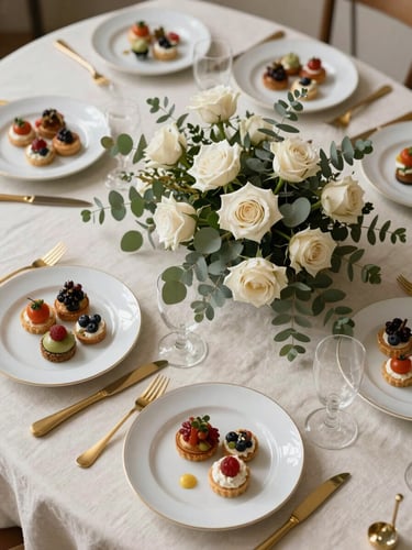 Overhead editorial study of a luxury catering tablescape — ivory linen, white porcelain plates arranged with plated appetizers, scattered gold flatware, and a low botanical arrangement of ivory garden roses and eucalyptus, soft north-facing daylight, entire table in frame