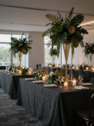 Wide environmental shot of a corporate gala table arrangement, dark charcoal linen, architectural floral sculptures in deep green and gold, candlelight, diffused evening light, empty room before guests arrive