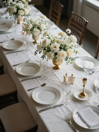 Overhead editorial study of a wedding reception table, white and ivory florals in tall gold vessels, fine china place settings on ivory linen, soft north-facing daylight, no people in frame