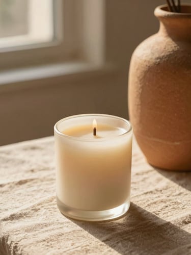 Close-up of a hand-poured soy candle and rough ceramic vase on a linen tablecloth, warm golden-hour window light casting soft shadows, earthy terracotta and sand tones, 35mm photography
