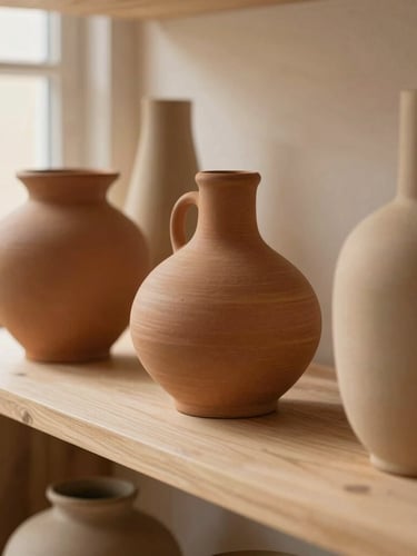 Medium environmental shot of styled ceramic vases and organic linen sheets on a light wood shelf, soft diffused window light, warm sand and terracotta tones, shallow depth of field