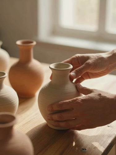 Tactile close-up of hands arranging ceramic vases on a wooden table, soft golden-hour window light casting gentle shadows, warm editorial photography, 35mm