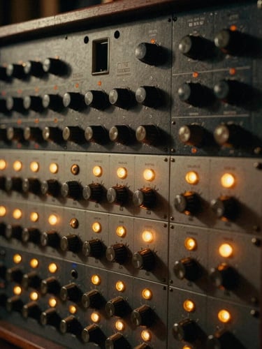 Close-up of a rack of vintage tube compressors and equalizers, warm amber status lights glowing in a dimly lit studio rack.