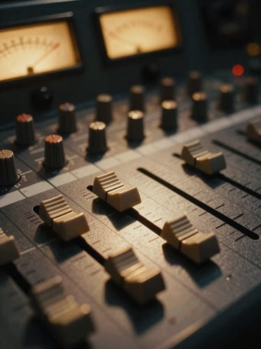 Tight macro detail of an analog mixing console, warm golden tungsten light reflecting off faders and VU meters, low-key dramatic lighting, 35mm grain