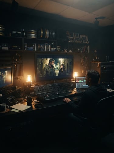 Extreme wide anamorphic shot of a dark cinematic grading suite with warm tungsten backlighting, soft haze, and a glowing color grading monitor showing a dramatic film scene, 35mm grain