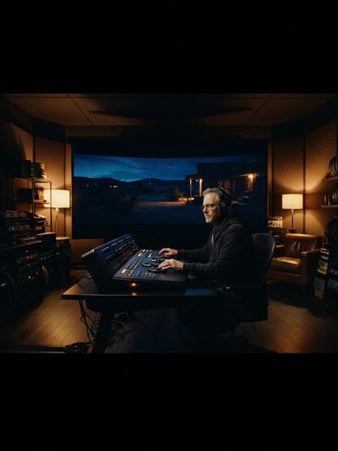 Extreme wide anamorphic shot of a dark cinematic grading suite, warm tungsten light glowing behind a master colorist working on a massive screen, deep shadows, 35mm grain