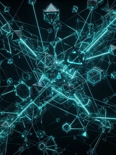 Futuristic 3d render of abstract glowing digital nodes, dark obsidian background, sharp neon teal cybernetic connections, high-contrast studio lighting