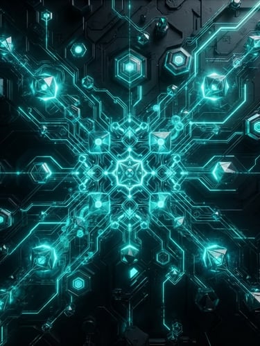 Futuristic 3d render of a clean glowing blockchain node structure, high contrast dark obsidian background with sharp neon teal accent lights, macro perspective