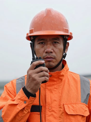 A close-up documentary portrait of an industrial safety officer in high-visibility gear and a hardhat, holding a radio, overcast daylight, sharp focus.