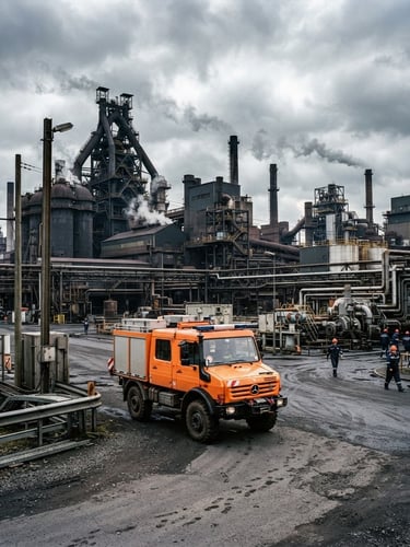 Wide environmental shot of a heavy industrial facility with a high-visibility orange mobile rescue vehicle parked in the foreground, high-contrast overcast daylight, safety orange and dark slate tones, sharp 35mm lens