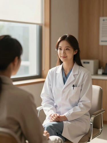 Elegant sunlit clinical consultation room with warm wood accents, a modern professional clinician sitting gracefully, soft natural daylight, shallow depth of field