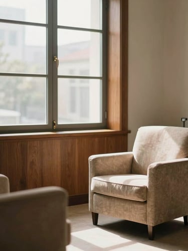 Elegant sunlit clinical consultation room with warm wood accents, a comfortable armchair, and large windows with soft diffused daylight, warm editorial photography