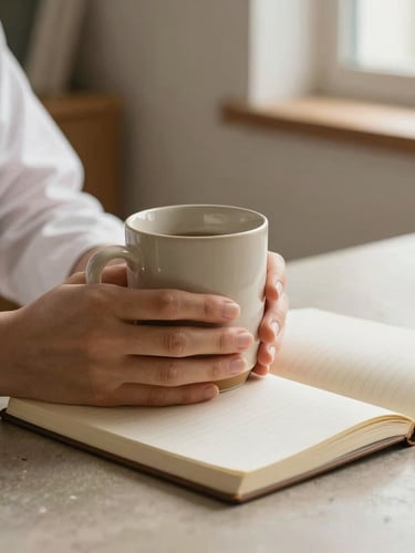 Close-up of hands holding a warm ceramic mug next to an open notebook on a clean stone desk, soft window light, warm tones