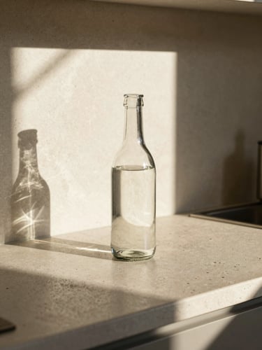 Refillable heavy glass bottle on a concrete kitchen counter, direct afternoon sunlight casting dramatic architectural shadows, high contrast, warm travertine tones, 35mm
