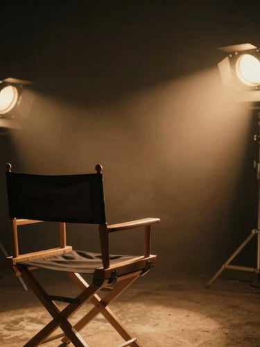 Cinematic low-key lighting on a professional film set in Kochi, a director's chair in the foreground, warm amber spotlights cutting through haze in the background, 35mm film photography.