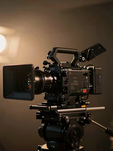 Behind the scenes film camera rig focused on a scene, warm stage lighting flares, cinematic atmosphere, shallow depth of field.
