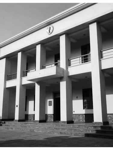 Stark monochrome architectural photography of modern Indian legal chambers, low-angle, sharp focus, deep shadows, high-contrast directional light, 35mm