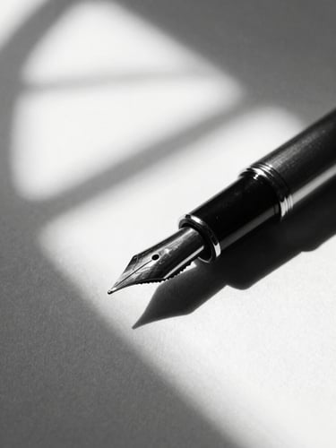 Extreme close-up of a classic fountain pen resting on heavy cotton paper, stark natural window light casting deep shadows, black and white, sharp focus