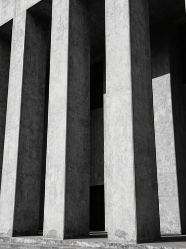 Low-angle architectural shot of stark concrete high-court columns in New Delhi, deep shadows, high-contrast directional light, sharp focus, 35mm monochrome.
