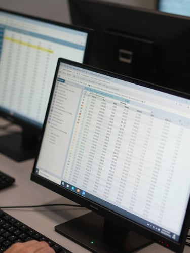 Overhead close-up of a control-room workstation: dual monitors displaying a unified inventory dashboard with live RFID read counts, asset location grid, and timestamp columns. Clean studio strobe lighting, no reflections. Keyboard partially visible at bottom edge, operator's forearm resting at side. Data on screen is clearly structured — no decorative charts, no abstract visualizations.