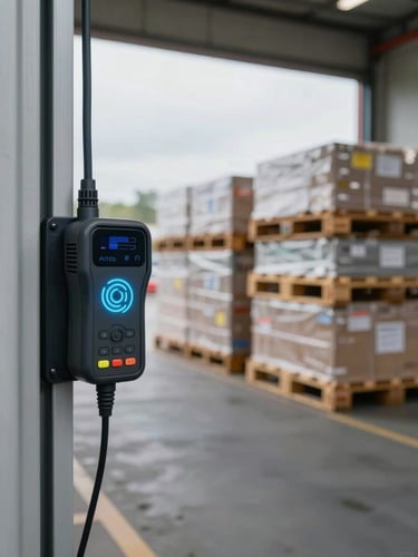 Close environmental shot of an RFID reader mounted on a warehouse doorframe actively scanning tagged pallets passing through, overcast daylight from a loading bay behind, sharp hardware detail in foreground with the warehouse aisle receding in the background, no people visible — only systems at work