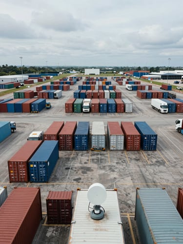 Wide overhead aerial view of a logistics yard at overcast midday, rows of shipping containers and cargo trucks arranged in a precise grid, a single GPS antenna unit visible mounted on a container roof in the foreground, flat diffused light revealing the full scale of the operation, generous sky in the upper third