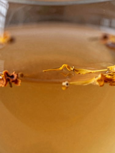 Macro close-up of warm amber tea steeping in a glass vessel, golden hour window light casting long soft shadows, dried botanical petals floating.
