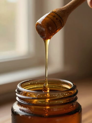 Close-up macro shot of warm amber botanical liquid dripping from a wooden dipper into a matte amber glass jar, golden hour window light, soft natural shadows