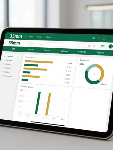 A close-up of a modern digital payroll interface on a tablet screen, displaying compliance charts and financial metrics, clean corporate office background, natural window light