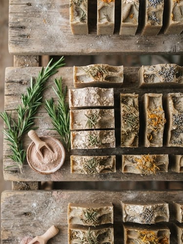 Macro overhead shot of raw handmade soap bars curing on wooden shelves, soft natural morning daylight, botanical elements like rosemary sprigs and clay powder nearby