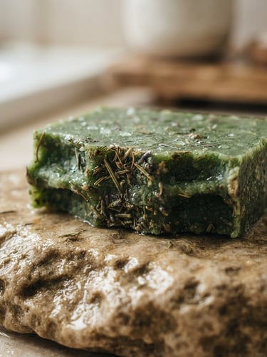 Macro close-up of a textured green herbal soap bar resting on a wet beige stone, soft morning light, water droplets, 35mm lens