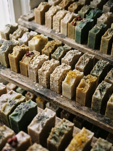Macro overhead shot of raw handmade soap bars drying on rustic wooden shelves, soft natural morning light, botanical details, warm beige tones
