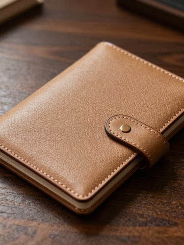Tight macro detail of a high-end tactile leather portfolio on a dark wooden desk, soft indirect daylight, warm editorial aesthetic