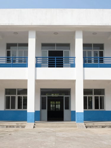 Symmetrical medium shot of a disciplined defense academy building with crisp architectural lines, bright natural daylight, clean white and cadet blue tones, 35mm