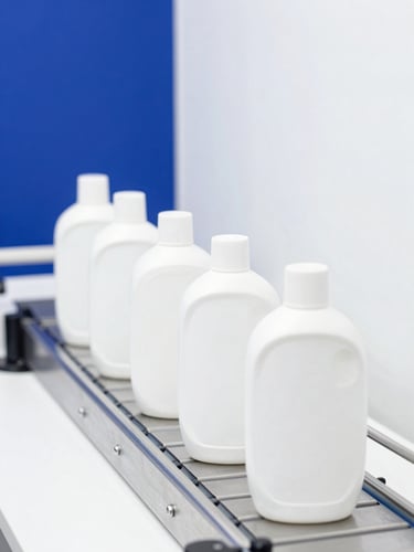 Bright high-key product photography, crisp studio light, cleaning bottles aligned on a sterile silver conveyor line, sharp focus, 50mm