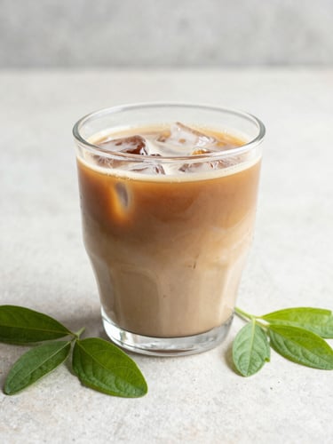 Crisp macro shot of modern iced coffee in minimalist glassware next to fresh green stevia leaves on a clean light stone surface, bright natural morning daylight, warm brown and matcha green tones, 50mm lens