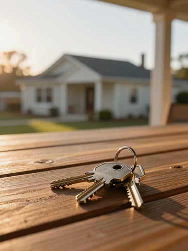 Warm, natural California golden hour close-up of house keys resting on a wooden porch table, a well-maintained Watsonville home softly blurred in the background.