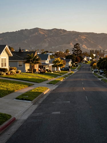 Warm California golden hour light illuminating a quiet residential street in Watsonville, well-kept single-family homes with green lawns, mountains in the soft-focus background.