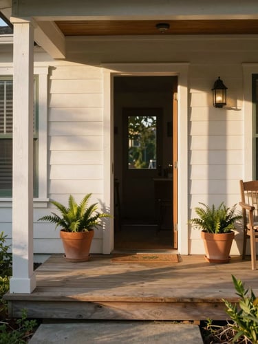 Warm, natural golden hour sunlight illuminating a clean wooden front porch in Watsonville, with green potted plants and a welcoming open door.