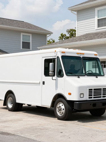 An organized service truck parked in front of a clean residential garage in Charleston, bright natural daylight, crisp commercial photography