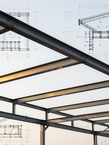 Technical CAD drawing of a steel profile roof structure, precise structural lines, golden hour light reflecting on steel joints, architectural blueprint overlay style.