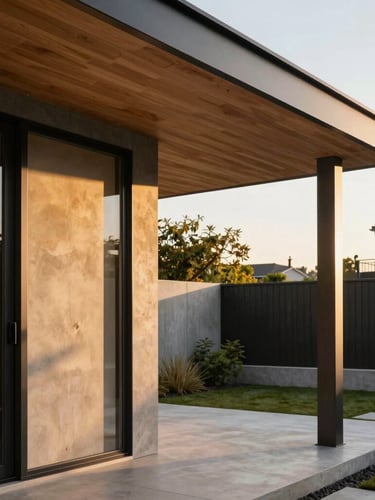 Golden hour sunlight hitting a modern residential veranda with a deep charcoal steel frame and integrated warm cedar ceiling panels, minimalist concrete garden backdrop.