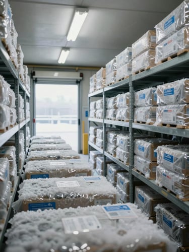 Cold storage facility interior, rows of frozen product cartons on metal shelving under clinical fluorescent lighting, loading bay door partially open in background with daylight, frost-visible packaging labels in foreground