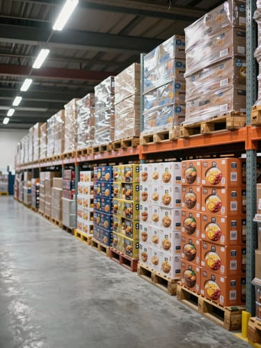 Wide interior of a modern warehouse, rows of organized pallets stacked with food product cases extending into the distance, bright overhead fluorescent lighting, clean concrete floor, industrial shelving on the right edge of frame