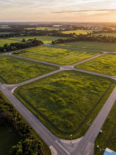 Elevated drone shot of a lush green planned land development in Pará at sunset, showing clean paved roads and neatly demarcated lot boundaries, warm golden light reflecting off the rich soil.