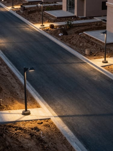 Elevated perspective of completed infrastructure in a modern gated community, smooth asphalt road stretching diagonally, neat concrete curbs, elegant street lamps, warm golden lighting, pristine soil texture.