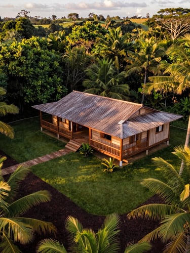 Elevated drone photography of a lush green Brazilian chácara at golden hour, showing a rustic wooden house with a wide veranda, clean demarcated boundaries, surrounded by tall coconut palms and rich dark soil, warm late afternoon sun.